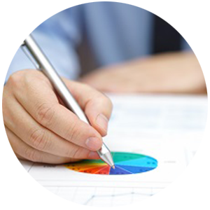 business professional with pie chart at desk