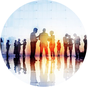 abstract image with business professionals in front of windows