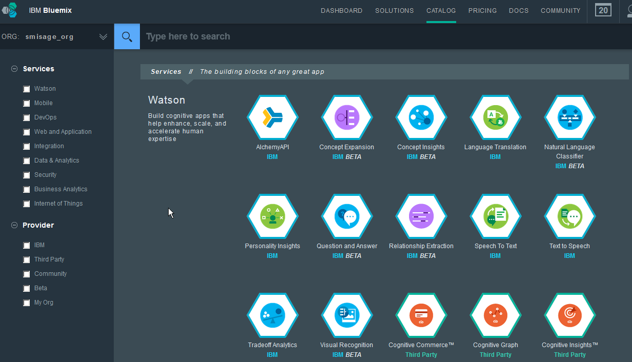 cloud-based data warehouse Bluemix apps and services